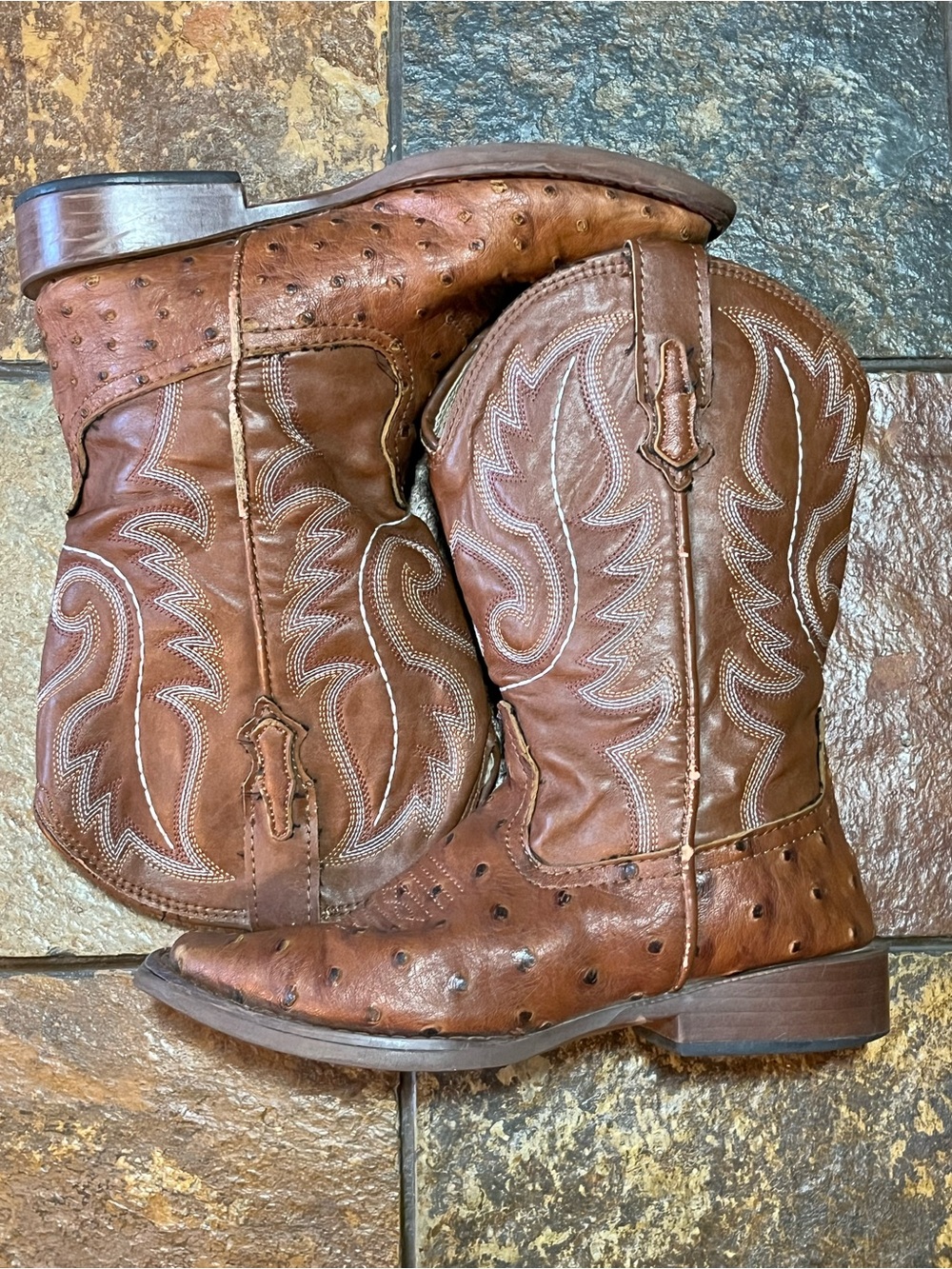 Roper Brown Ostrich-Like-Texture Western Cowboy Boots - Kids size 1